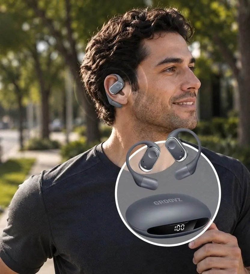 Groovz Plus open-ear wireless headphones with charging case